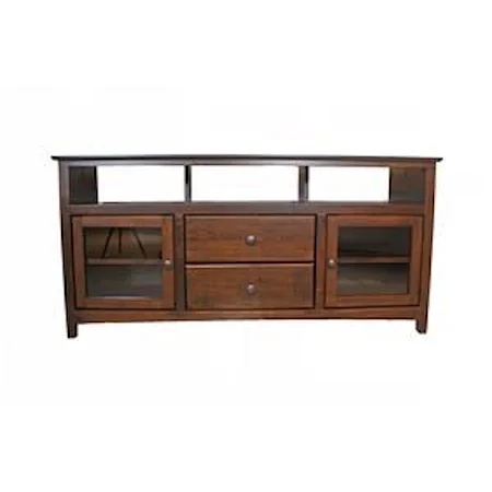 62 Inch TV Console with Sound Bar Opening Finished in Brown Mahogany and Antique Bronze Hardware